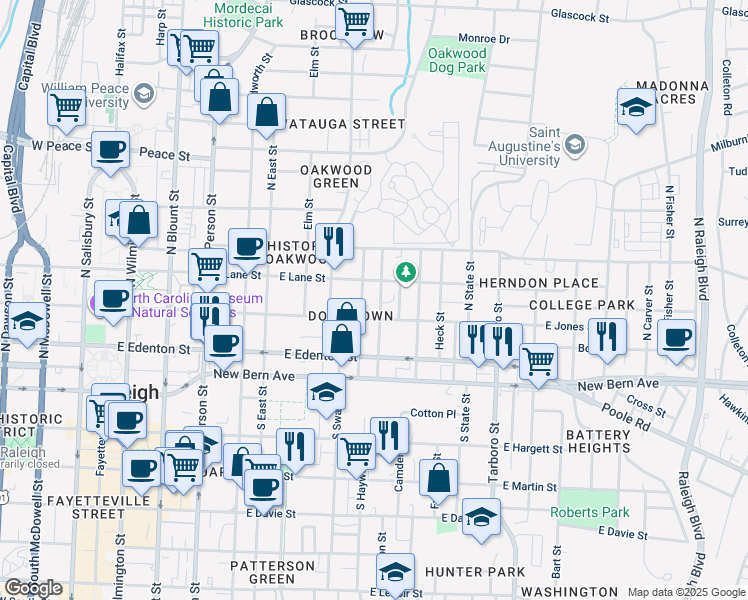 map of restaurants, bars, coffee shops, grocery stores, and more near 209 Seawell Avenue in Raleigh