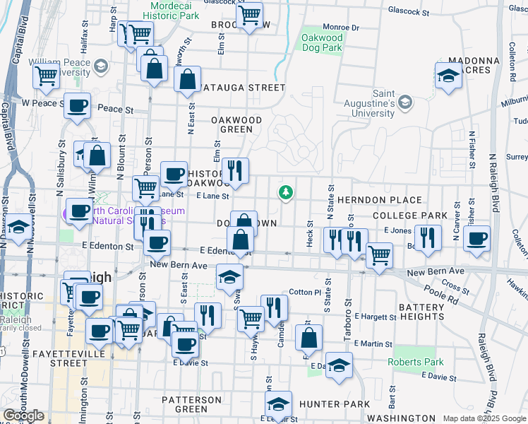 map of restaurants, bars, coffee shops, grocery stores, and more near 209 Seawell Avenue in Raleigh
