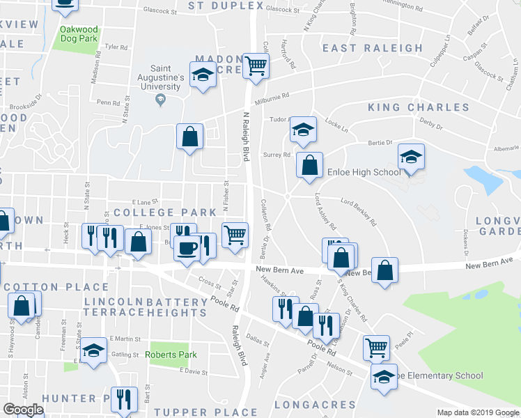 map of restaurants, bars, coffee shops, grocery stores, and more near 217 Colleton Road in Raleigh