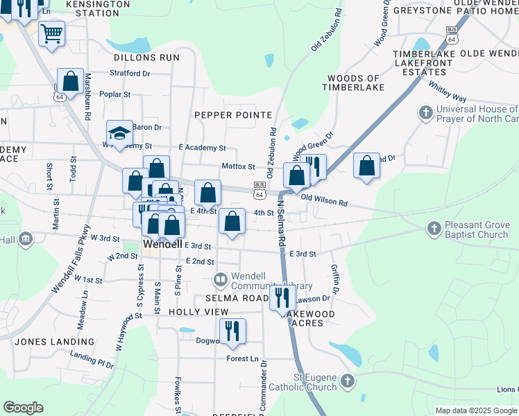 map of restaurants, bars, coffee shops, grocery stores, and more near 370 4th Street in Wendell