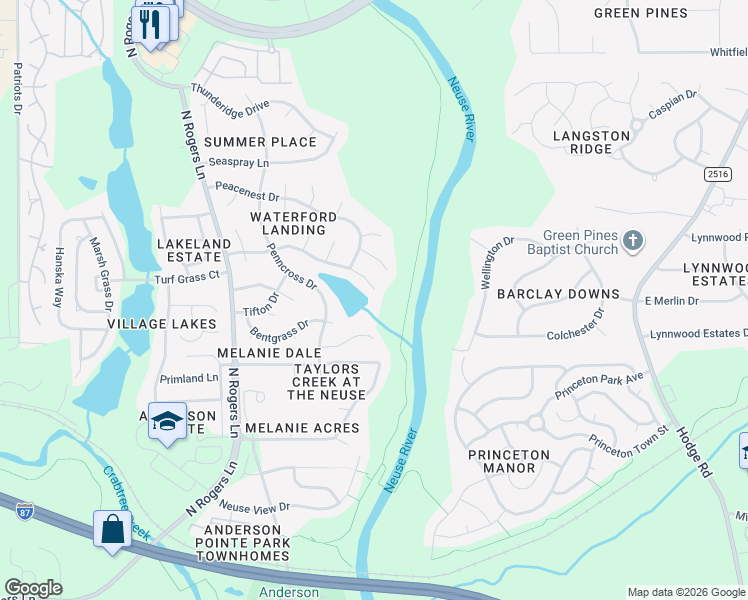 map of restaurants, bars, coffee shops, grocery stores, and more near 5828 Brookshadow Drive in Raleigh