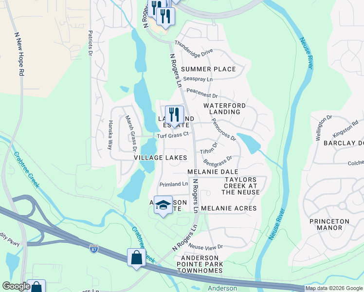map of restaurants, bars, coffee shops, grocery stores, and more near 5228 Ryegrass Court in Raleigh