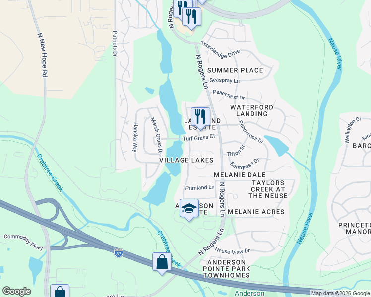 map of restaurants, bars, coffee shops, grocery stores, and more near 5210 Turf Grass Court in Raleigh
