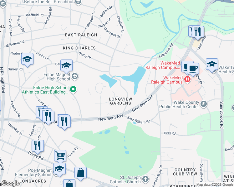 map of restaurants, bars, coffee shops, grocery stores, and more near 204 Oak Point Court in Raleigh