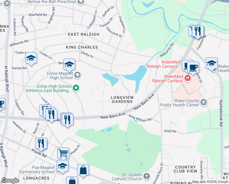 map of restaurants, bars, coffee shops, grocery stores, and more near 204 Oak Point Court in Raleigh