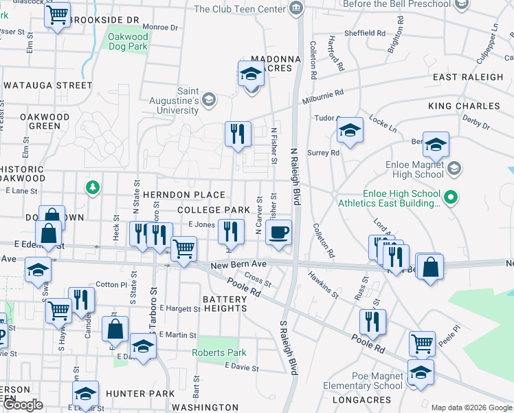 map of restaurants, bars, coffee shops, grocery stores, and more near 1503 Pender Street in Raleigh