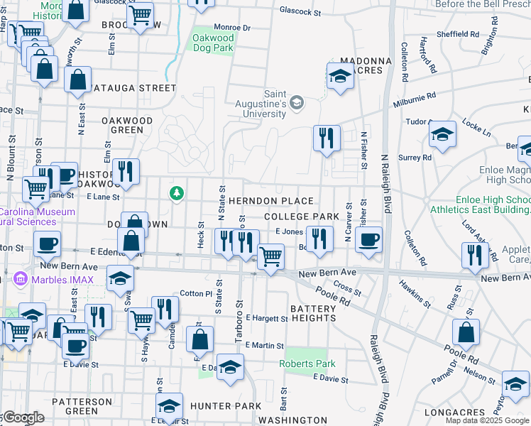 map of restaurants, bars, coffee shops, grocery stores, and more near 1114 Pender Street in Raleigh