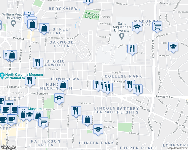 map of restaurants, bars, coffee shops, grocery stores, and more near 209 North State Street in Raleigh