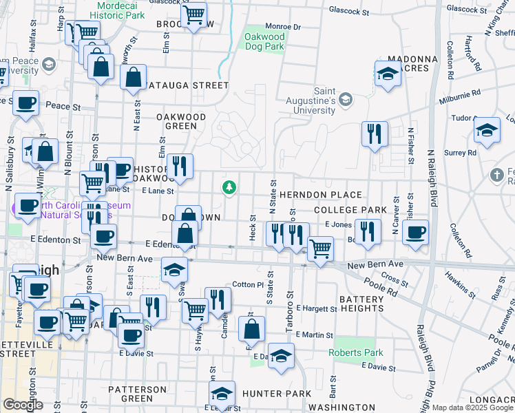 map of restaurants, bars, coffee shops, grocery stores, and more near 209 North State Street in Raleigh