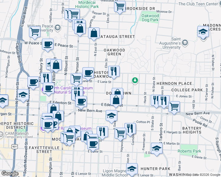map of restaurants, bars, coffee shops, grocery stores, and more near 543 East Jones Street in Raleigh