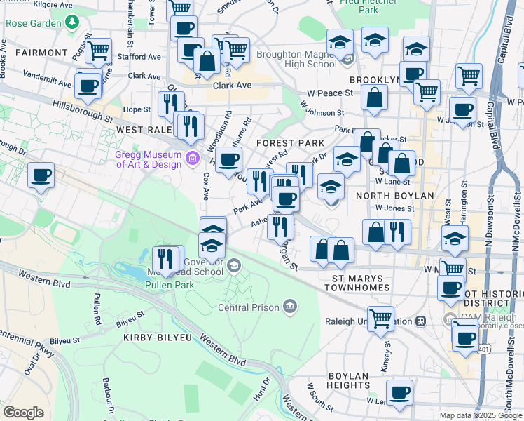 map of restaurants, bars, coffee shops, grocery stores, and more near in Raleigh