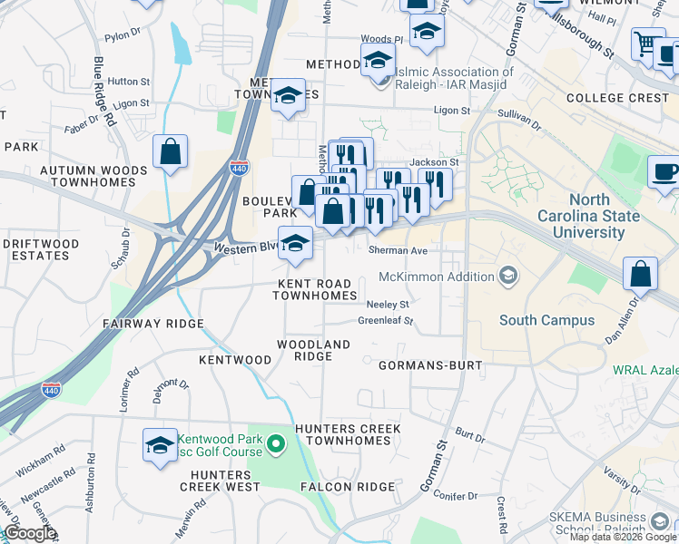 map of restaurants, bars, coffee shops, grocery stores, and more near 1201 Kent Road in Raleigh