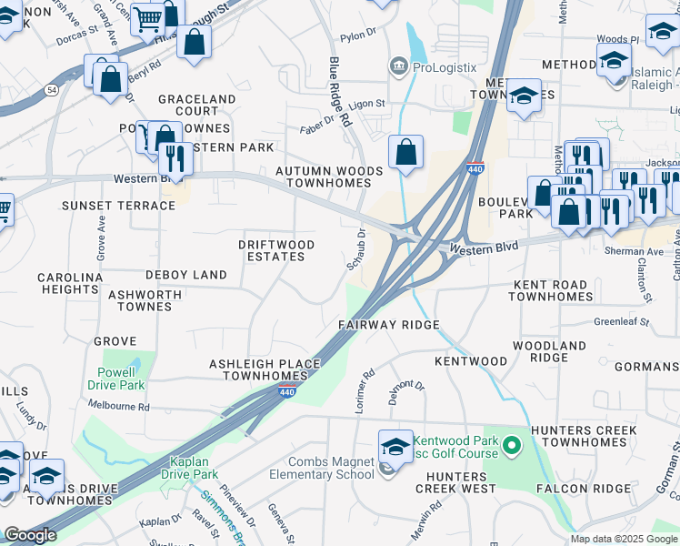 map of restaurants, bars, coffee shops, grocery stores, and more near 1025 Schaub Drive in Raleigh