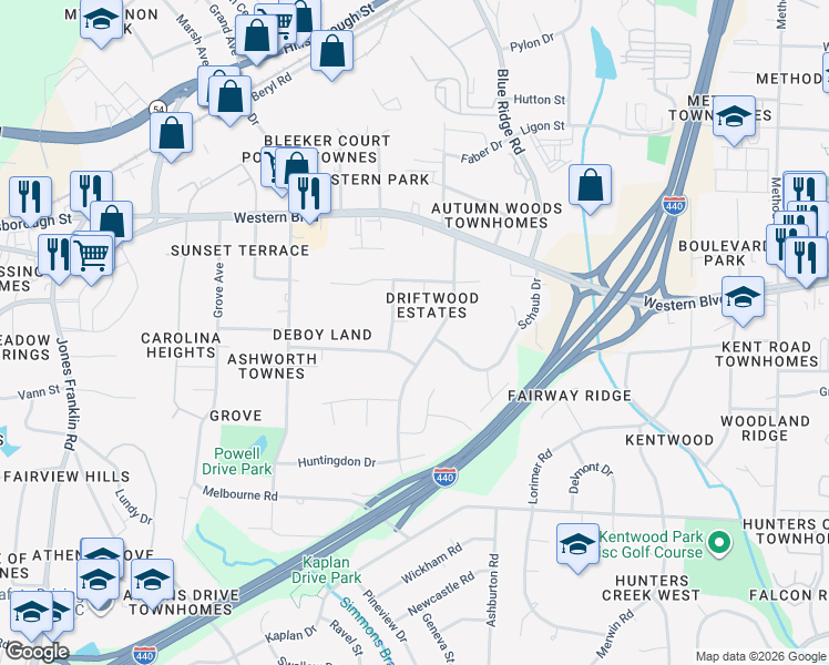 map of restaurants, bars, coffee shops, grocery stores, and more near 1104 Deboy Street in Raleigh