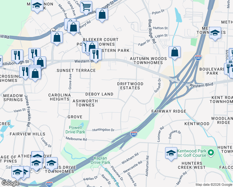 map of restaurants, bars, coffee shops, grocery stores, and more near 4308 Driftwood Drive in Raleigh
