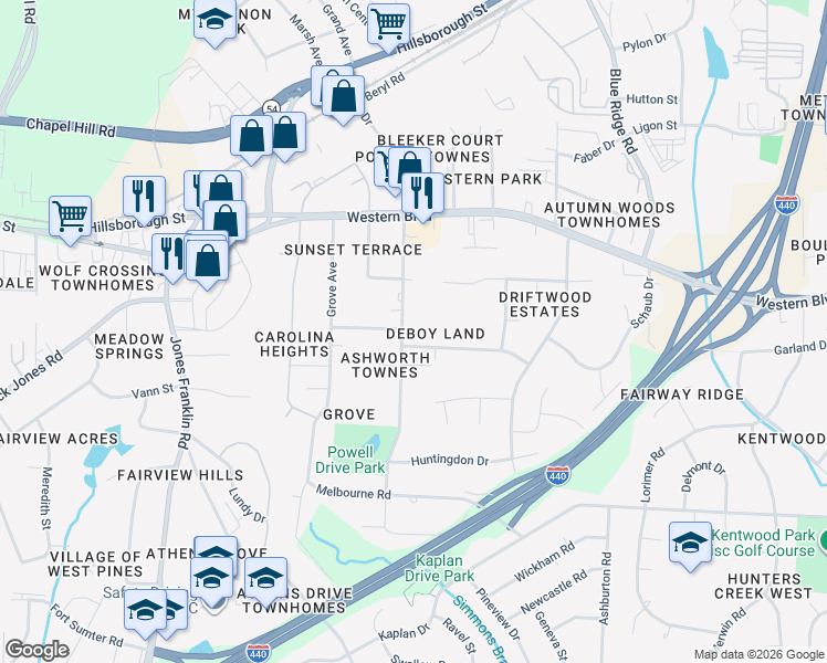 map of restaurants, bars, coffee shops, grocery stores, and more near 703 Powell Drive in Raleigh