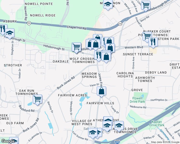 map of restaurants, bars, coffee shops, grocery stores, and more near 117 Fieldspring Lane in Raleigh
