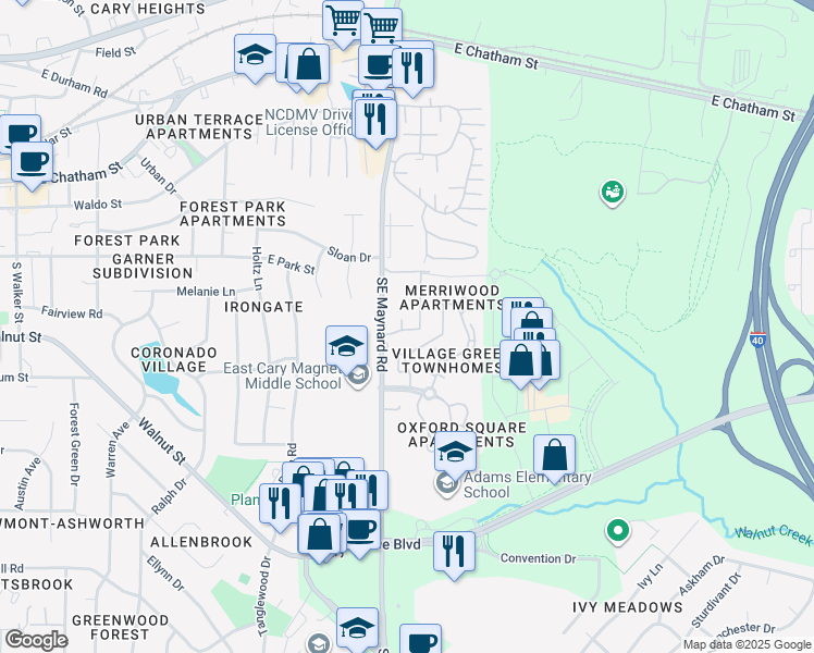 map of restaurants, bars, coffee shops, grocery stores, and more near 112 Maynard Summit Way in Cary