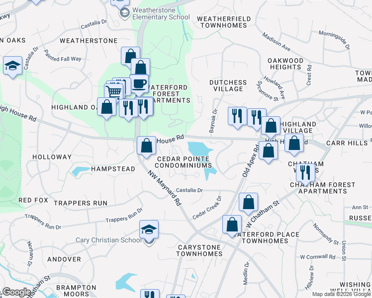 map of restaurants, bars, coffee shops, grocery stores, and more near 530 Springfork Drive in Cary