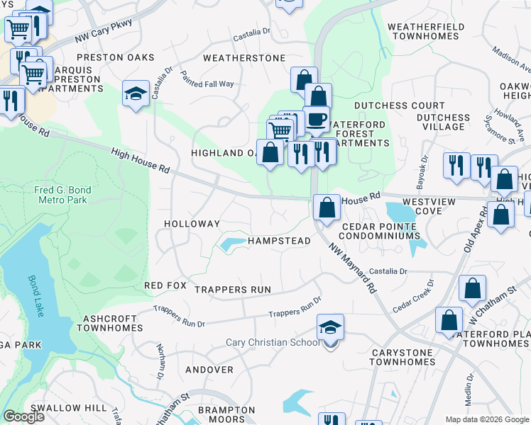 map of restaurants, bars, coffee shops, grocery stores, and more near 104 Culcross Court in Cary