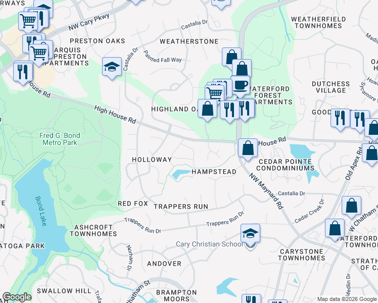 map of restaurants, bars, coffee shops, grocery stores, and more near 413 Byrams Ford Drive in Cary