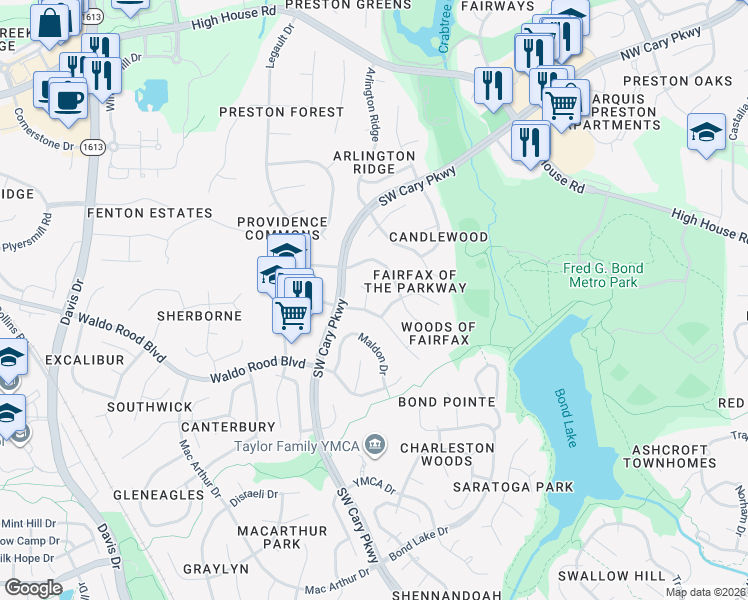 map of restaurants, bars, coffee shops, grocery stores, and more near 107 Huntsmoor Lane in Cary