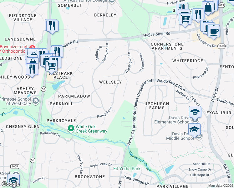 map of restaurants, bars, coffee shops, grocery stores, and more near 120 Bergeron Way in Cary