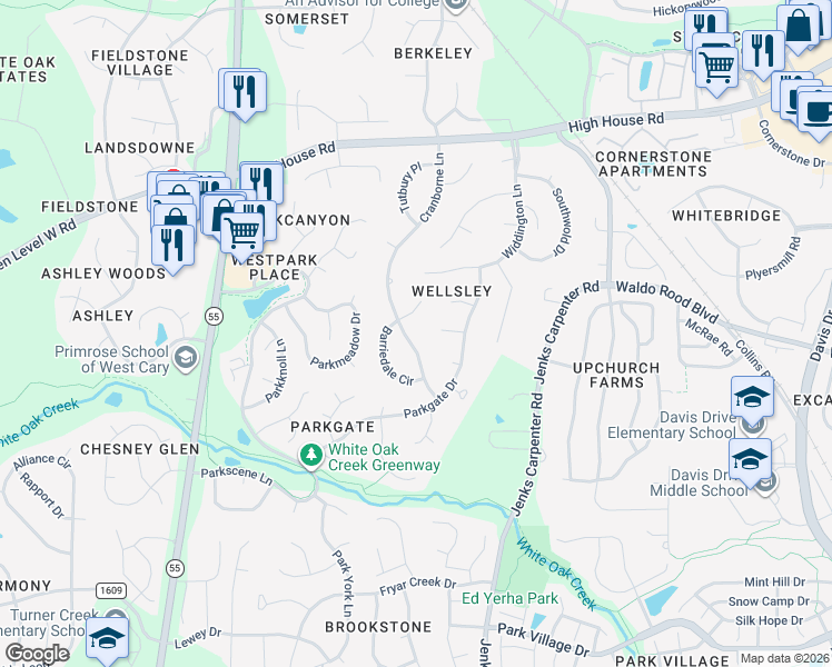map of restaurants, bars, coffee shops, grocery stores, and more near 504 Cranborne Lane in Cary
