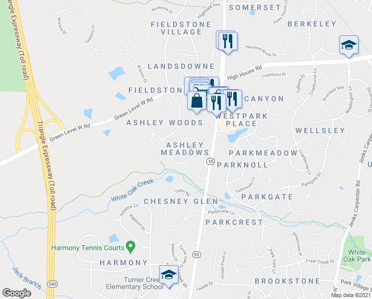 map of restaurants, bars, coffee shops, grocery stores, and more near 217 Caniff Lane in Cary