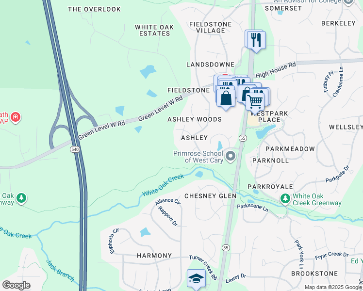 map of restaurants, bars, coffee shops, grocery stores, and more near 110 Carterwood Court in Cary