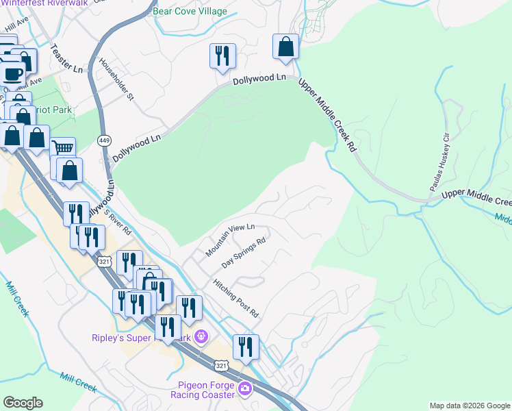 map of restaurants, bars, coffee shops, grocery stores, and more near 512 Golf Road in Pigeon Forge
