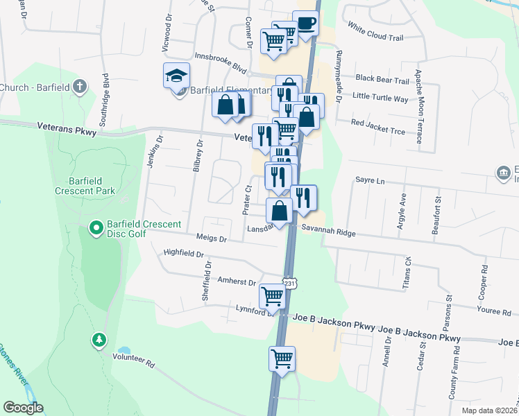 map of restaurants, bars, coffee shops, grocery stores, and more near 163 Casbah Run in Murfreesboro