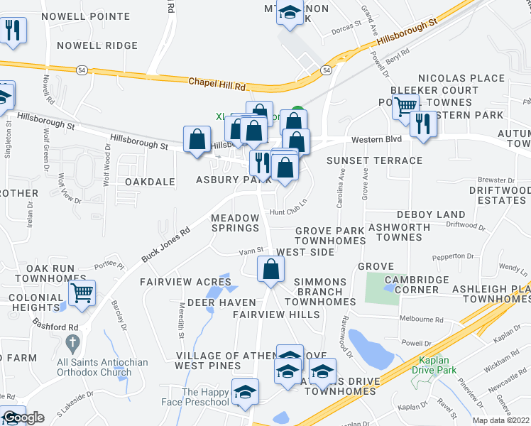 map of restaurants, bars, coffee shops, grocery stores, and more near 124 Jones Franklin Road in Raleigh