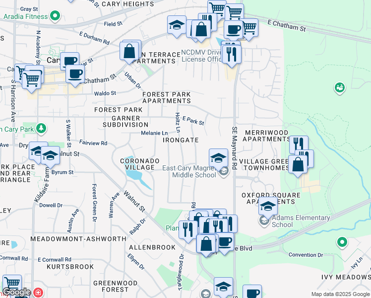 map of restaurants, bars, coffee shops, grocery stores, and more near 417 Holtz Lane in Cary