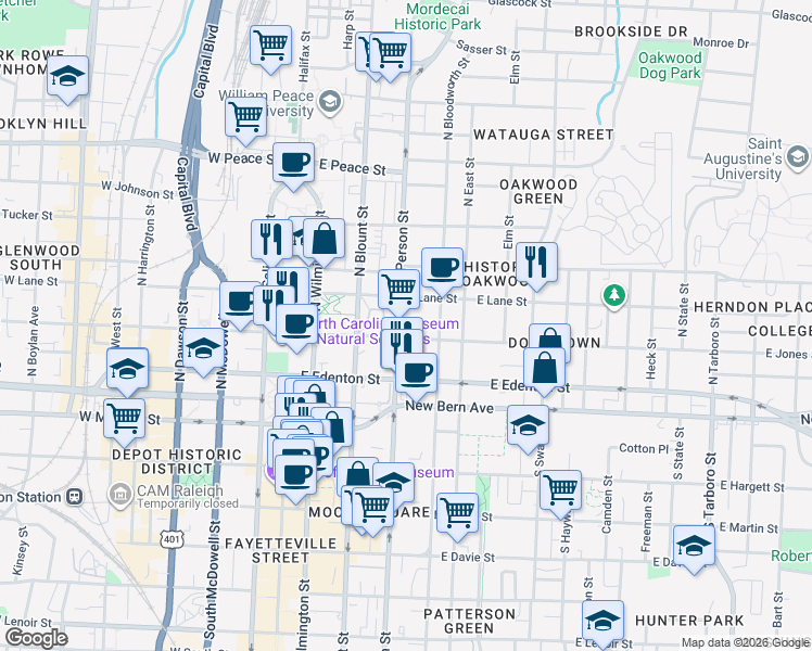 map of restaurants, bars, coffee shops, grocery stores, and more near 204 North Person Street in Raleigh