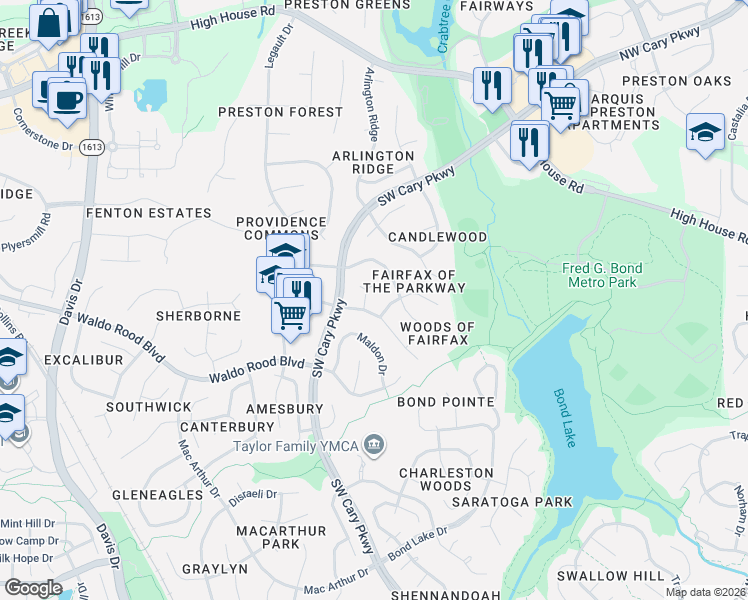 map of restaurants, bars, coffee shops, grocery stores, and more near 107 Huntsmoor Lane in Cary