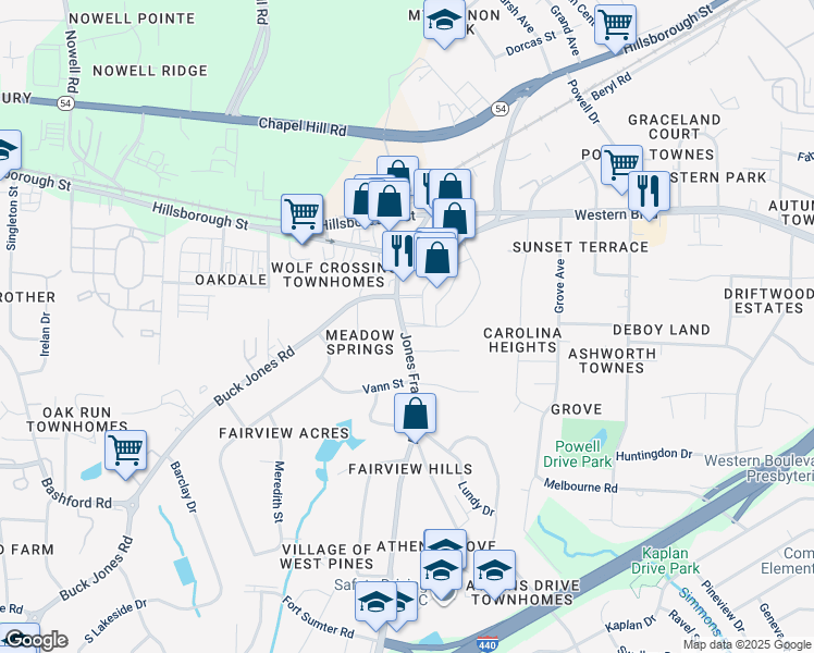 map of restaurants, bars, coffee shops, grocery stores, and more near 149 Jones Franklin Road in Raleigh