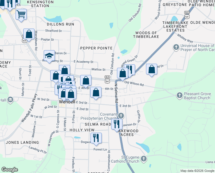 map of restaurants, bars, coffee shops, grocery stores, and more near 370 4th Street in Wendell