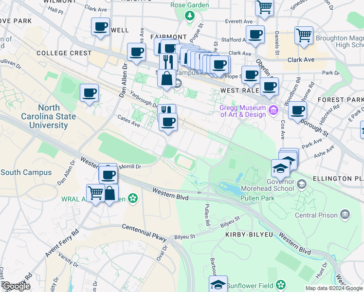 map of restaurants, bars, coffee shops, grocery stores, and more near 240 Jeter Drive in Raleigh