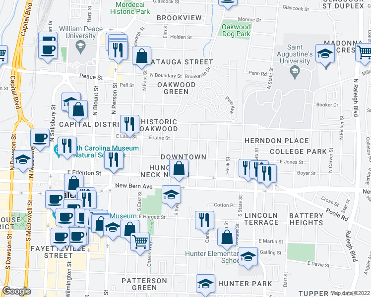 map of restaurants, bars, coffee shops, grocery stores, and more near 217 Cooke Street in Raleigh