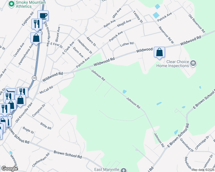 map of restaurants, bars, coffee shops, grocery stores, and more near 2339 Travis Circle in Maryville