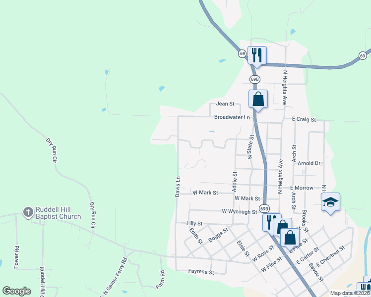 map of restaurants, bars, coffee shops, grocery stores, and more near 1620 Davis Lane in Batesville