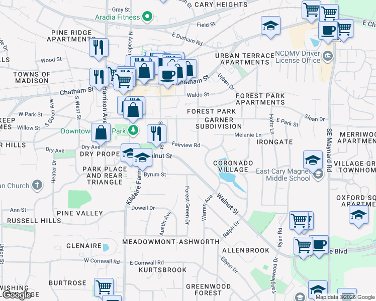 map of restaurants, bars, coffee shops, grocery stores, and more near 246 Walnut Street in Cary