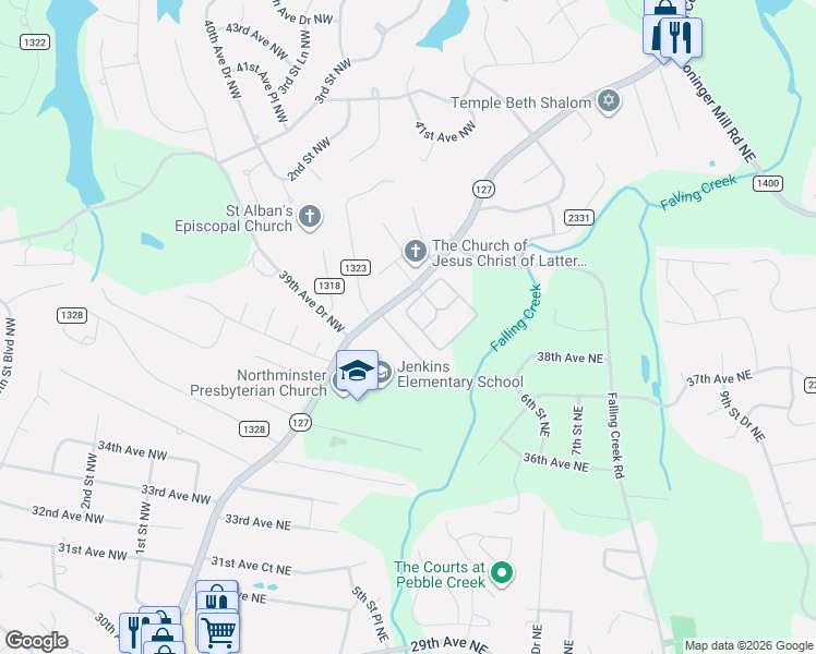 map of restaurants, bars, coffee shops, grocery stores, and more near 75 40th Street Northwest in Hickory