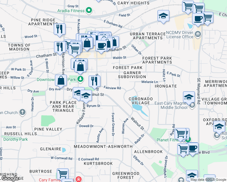 map of restaurants, bars, coffee shops, grocery stores, and more near 226 Fairview Road in Cary