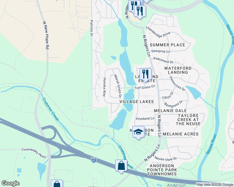 map of restaurants, bars, coffee shops, grocery stores, and more near 512 Marsh Grass Drive in Raleigh