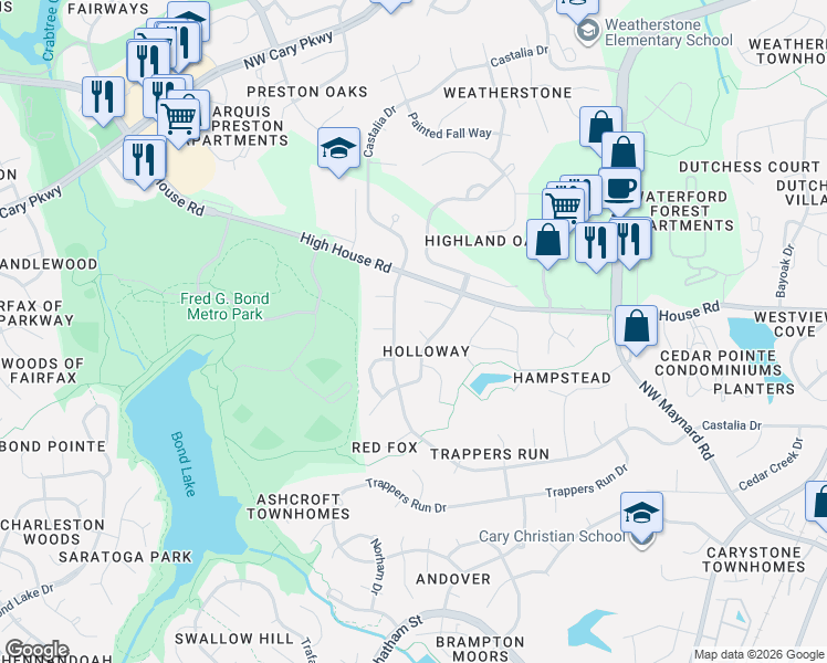map of restaurants, bars, coffee shops, grocery stores, and more near 101 Ridge Hollow Court in Cary
