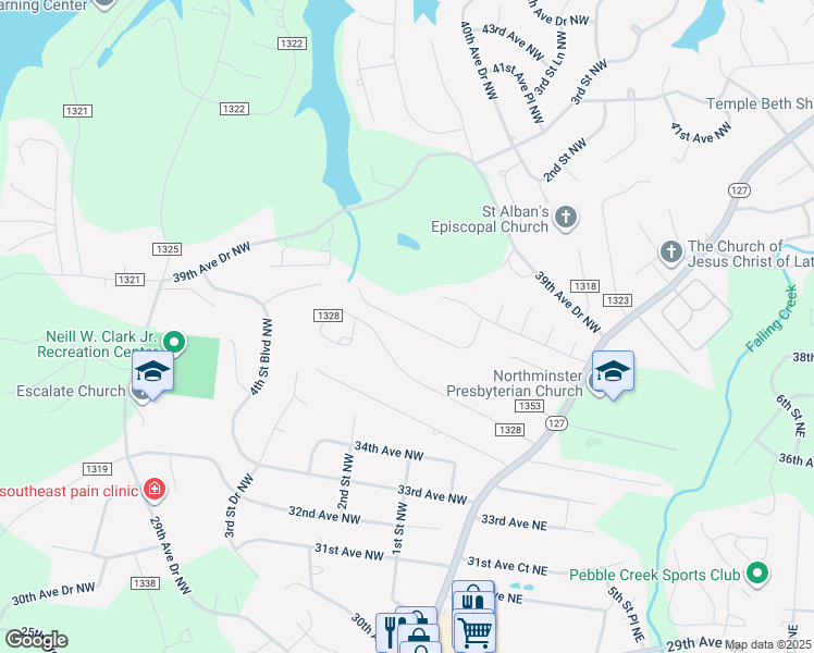 map of restaurants, bars, coffee shops, grocery stores, and more near 173 37th Avenue Place Northwest in Hickory
