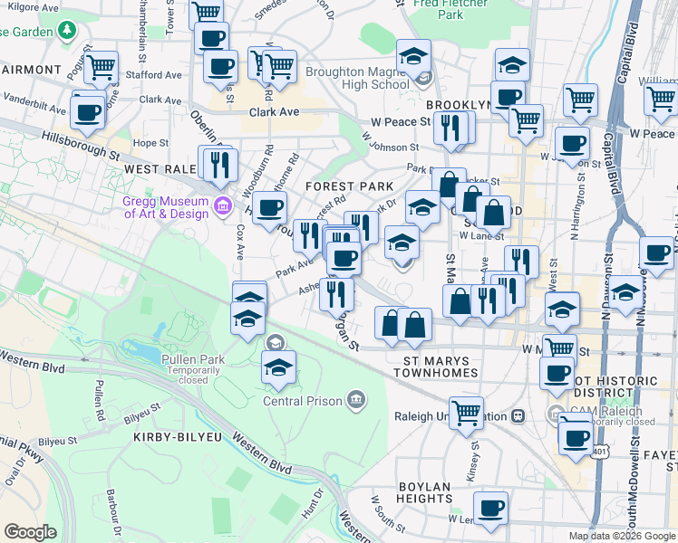 map of restaurants, bars, coffee shops, grocery stores, and more near 927 West Morgan Street in Raleigh