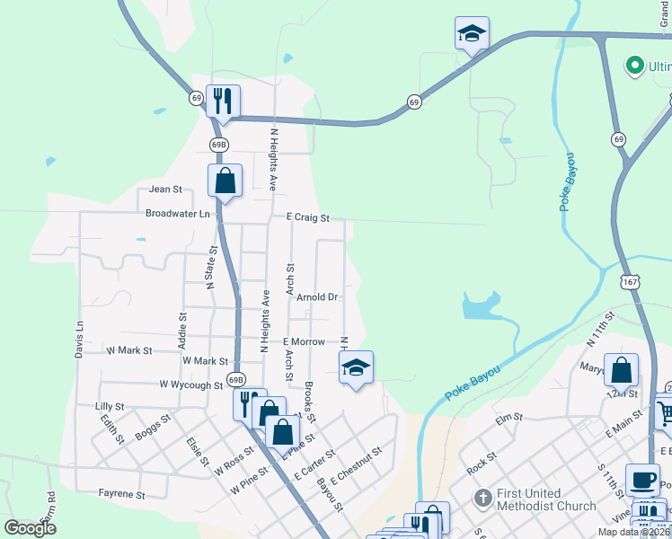 map of restaurants, bars, coffee shops, grocery stores, and more near 1725 North Hill Street in Batesville